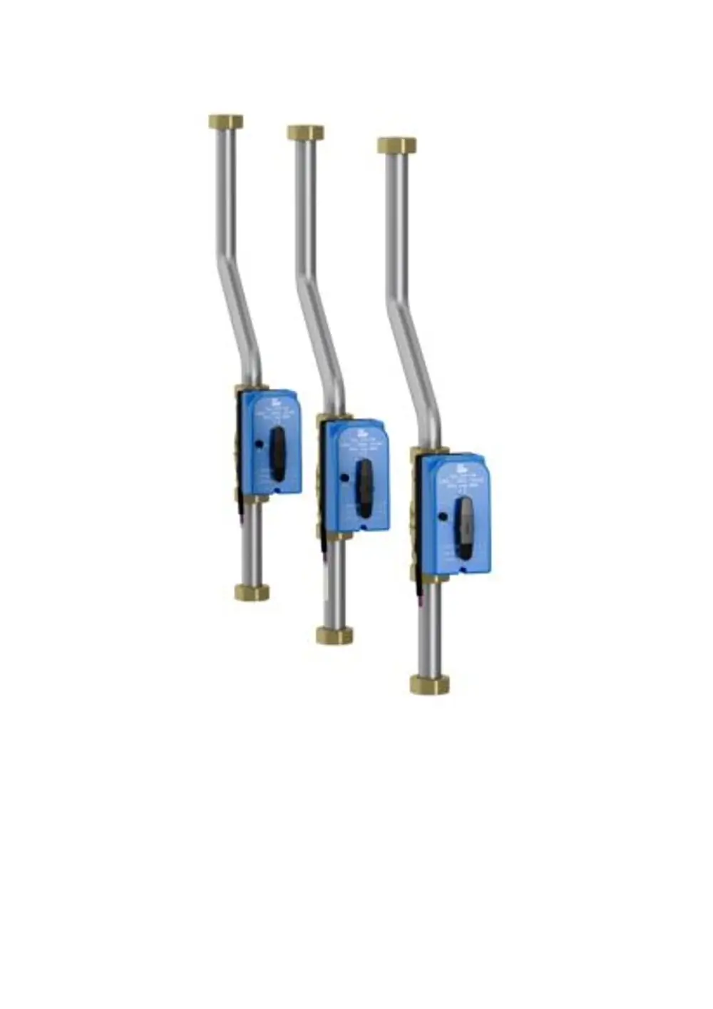 Drei STIEBEL ELTRON Rohrbausätze RBS-FS-M 3 mit blauen Kästen und silbernen Rohren mit goldenen Enden.